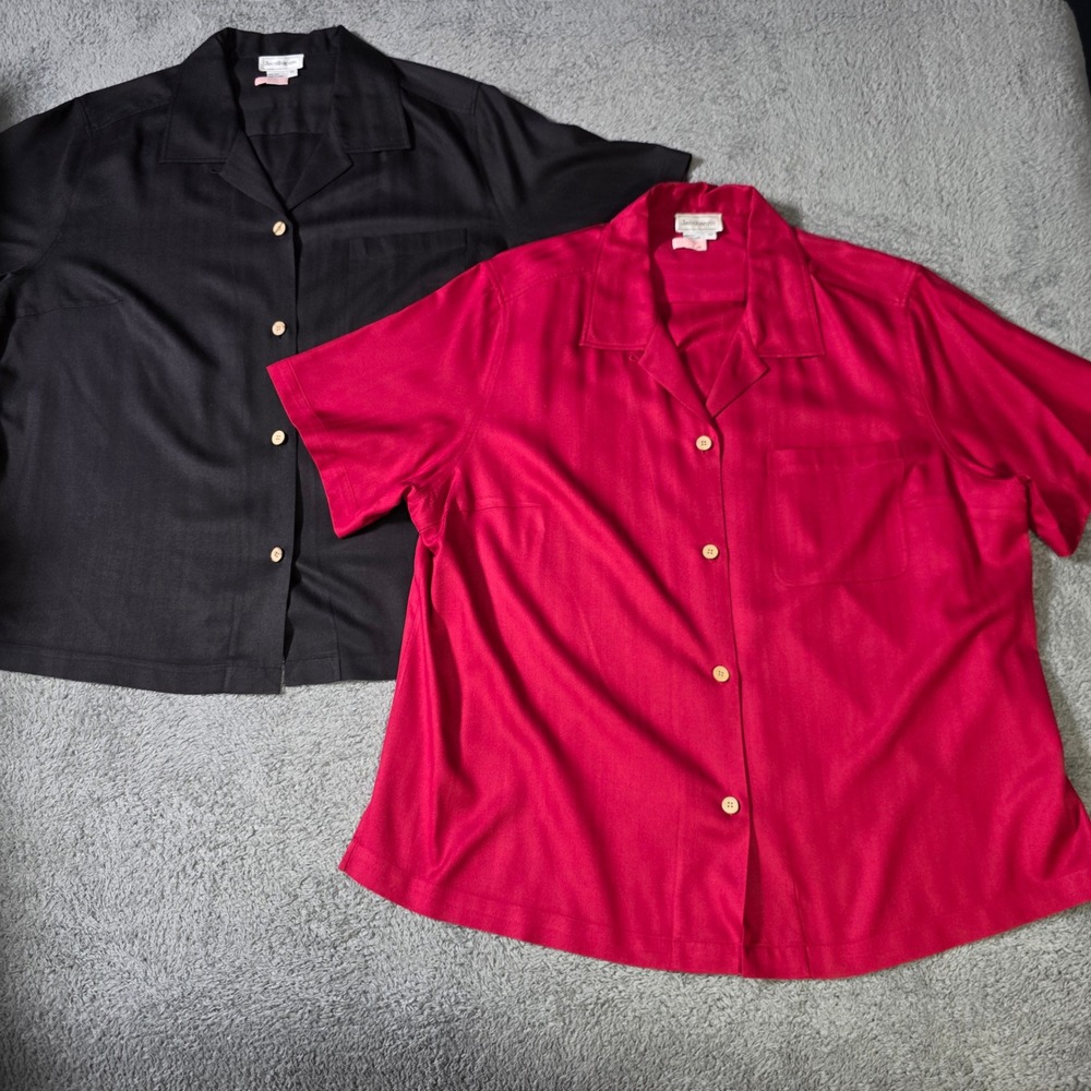 Jacobson's Womens 2X Shirt Bundle Red Black 100% Silk Short Sleeve Camp Collar